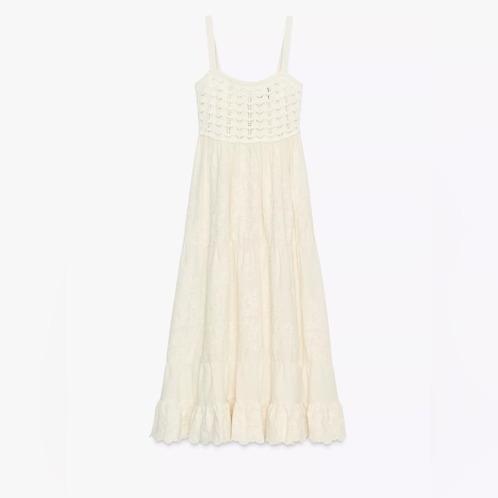 Zara Contrasting Embroidered Knit Dress Cotton Blend Tie Back NWT L Cottagecore - Picture 7 of 13